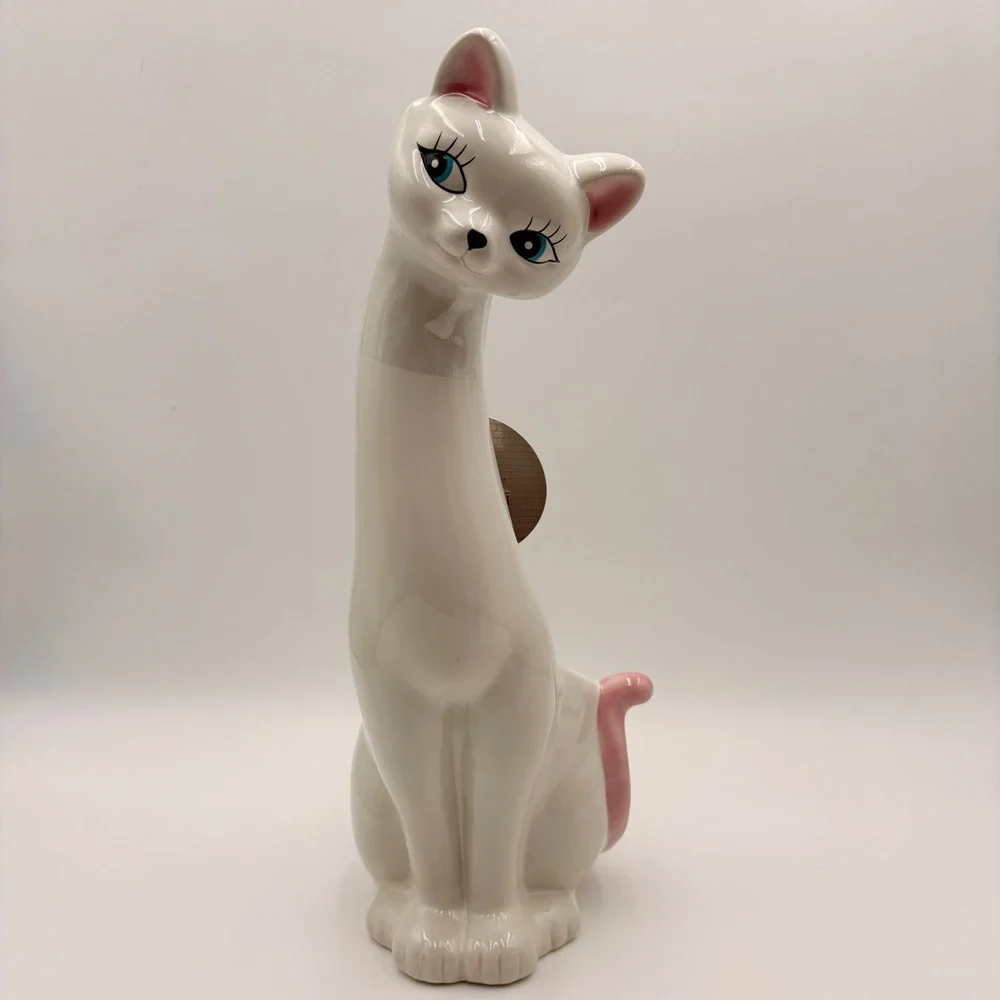 Bath & Bloom White Ceramic Long Neck Cat Toilet Brush Holder Pink Tail 17 Inch